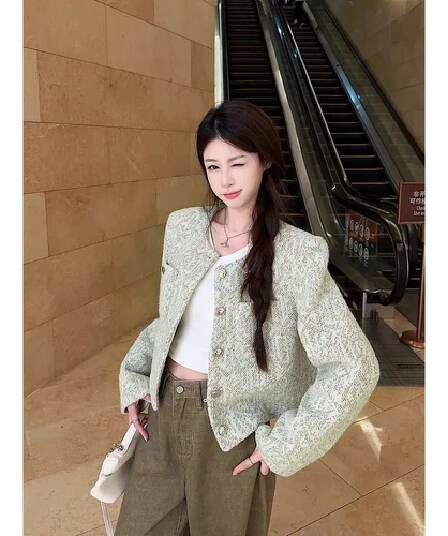원본 그림 원단 이중층 네리 가을 프랑스식 품격 긴팔 쇼트 스타일 천 골드 센스 오픈 가디건 맨위 재킷