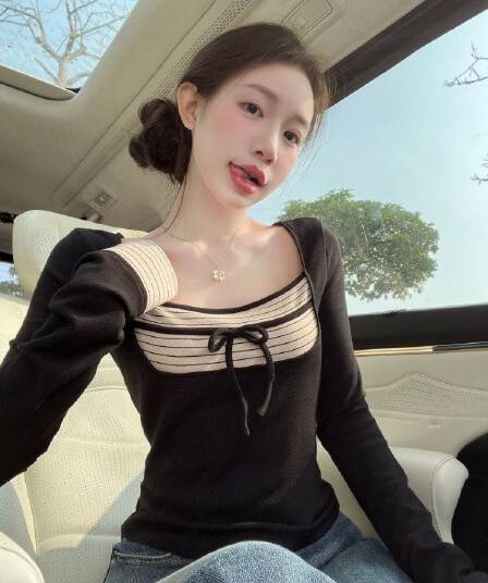 260 그램 사람들 면 모달 스트라이프 배색 페이크 레이어드 광장 칼라 긴팔 티셔츠 여성 인사이드 가져 가라. 몸매 가꾸기 맨위