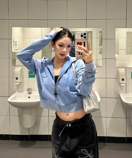 후아 면 마 오래된 공예 아메리칸 레트로 워싱 파란색 지퍼 후드 티 스웨터 여성 가을 재킷