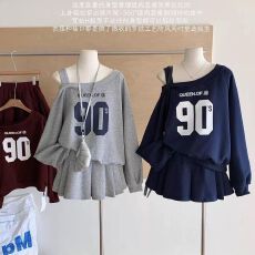 休闲减龄卫衣套装女秋季韩系斜领露肩印花上衣高腰百褶裙两件套潮