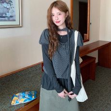 批发人棉设计感长袖T恤波点短袖两件套2026秋季新款韩系小众穿搭