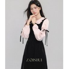 批发张汽水早秋季新款黑色娃娃领长袖连衣裙女假两件好看漂亮绑带裙子