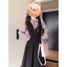 批发法式温柔风假两件polo领连衣裙女秋季巨好看气质收腰显瘦黑色长裙
