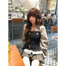 批发韩系设计感绑带收腰<b class='q'>格子</b><b class='q'>衬衫女</b>早秋穿搭学院风