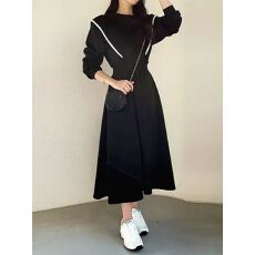 批发韩国chic气质飞飞袖撞色加绒保暖长裙子女初冬收腰显瘦卫衣<b class='q'>连衣裙</b>