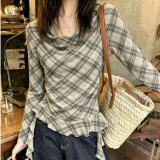 批发韩系设计感复古灰荡领格纹<b class='q'>长袖</b><b class='q'>T</b><b class='q'>恤</b><b class='q'>女</b>早秋不规则荷叶边飘带上衣潮