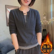 批发假两件V领长袖t恤女秋冬2026新款加厚保暖德绒打底衫大码洋气上衣