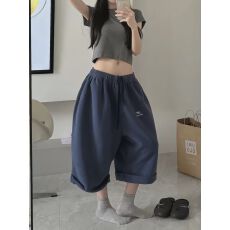 批发美式蓝色<b class='q'>短裤</b>七分卫裤子女夏季2026韩版抽绳高腰宽松阔腿休闲中裤