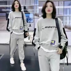 批发仿棉斜纹拉架250克春秋季新款休闲套装女<b class='q'>长袖</b>假两件卫衣两件套