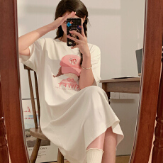 批发仿棉<b class='q'>牛奶</b><b class='q'>丝</b>#夏季新款短袖宽松韩版韩式印花开叉中长款<b class='q'>连衣裙</b>T恤女