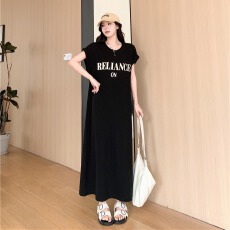 批发仿棉牛奶丝# 高级感字母印花<b class='q'>连衣</b>裙女夏装大码遮肚开叉飞袖懒人裙
