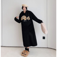 批发牛奶丝复合贝贝绒口袋连帽冬季加绒<b class='q'>胖妹妹</b>双帽开叉连衣长裙女