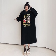 批发<b class='q'>牛奶</b><b class='q'>丝</b>复合贝贝绒有口袋秋冬季加绒连帽卫衣裙黑色宽松时尚<b class='q'>连衣裙</b>