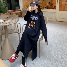 批发<b class='q'>牛奶</b><b class='q'>丝</b>复合贝贝绒双口袋连帽冬季加绒胖妹妹双帽开叉连衣长裙女