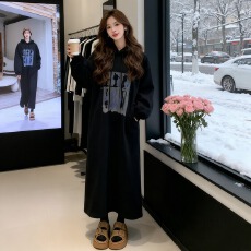 批发牛奶丝复合贝贝绒有口袋秋冬季特大码加绒连帽卫衣裙休闲<b class='q'>连衣裙</b>女