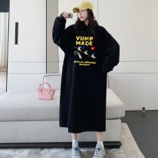 批发牛奶丝复合贝贝绒有口袋秋冬季特大码加绒连帽卫衣裙休闲连衣裙女