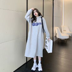 批发牛奶丝复合贝贝绒口袋连帽冬季加绒胖妹妹双帽开叉连衣长裙女