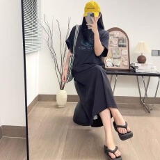 批发仿棉牛奶丝#春秋季韩国宽松加<b class='q'>大码</b>连衣裙<b class='q'>女装</b>中袖长款过膝长裙夏