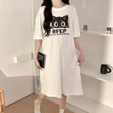 批发仿棉<b class='q'>牛奶</b><b class='q'>丝</b>#夏季新款短袖宽松韩版韩式印花开叉中长款<b class='q'>连衣裙</b>T恤女