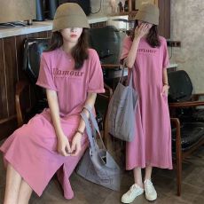 批发仿棉牛奶丝#中国风森系<b class='q'>连衣裙女</b>宽松大码过膝睡裙懒人短袖长裙