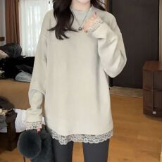 批发【1*1德绒】<b class='q'>胖</b><b class='q'>mm</b><b class='q'>大码</b>女装秋冬蕾丝花边长袖T恤加绒打底上衣200斤