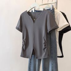 批发40支棉【92棉8氨纶】200斤大码女装胖MM<b class='q'>夏季</b>褶皱开叉短袖t恤上衣