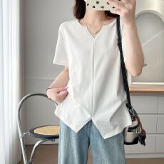 批发40支棉【92棉8氨纶】200斤大码女装胖MM<b class='q'>夏季</b>褶皱开叉短袖t恤上衣