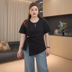 批发40支棉【92棉8氨纶】200斤大码<b class='q'>女装</b>胖MM夏季新款圆领短袖T恤上衣
