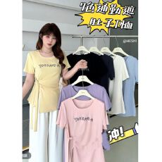 批发40支棉【92棉8氨纶】200斤大码<b class='q'>女</b>装胖MM夏季绑带印花短袖T恤上衣