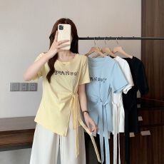 批发40支棉【92棉8氨纶】200斤大码<b class='q'>女</b>装胖MM夏季绑带印花<b class='q'>短袖</b>T恤上衣