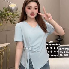 批发40支棉【92棉8氨纶】200斤大码女装<b class='q'>胖</b><b class='q'>MM</b>夏季V领绑带短袖T恤上衣女