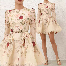 批发2025新款澳洲小众设计感印花<b class='q'>桑蚕丝</b>亚麻收腰<b class='q'>连衣裙</b>