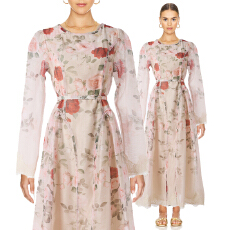 批发2025新款澳洲小众设计感印花<b class='q'>桑蚕丝</b>亚麻收腰长款<b class='q'>连衣裙</b>