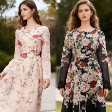 批发2025新款澳洲小众设计感印花<b class='q'>桑蚕丝</b>亚麻收腰长款<b class='q'>连衣裙</b>