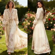 批发新款澳洲小众复古定位印花西装领灯笼袖收腰长裙套装