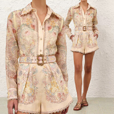 批发2026度假成衣新款<b class='q'>亚麻</b>花卉图案褶饰细节短<b class='q'>裤</b>套装