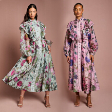 批发新款碎花<b class='q'>荷叶边</b>长裙2025秋季复古田园风收腰排扣<b class='q'>连衣裙</b>不规则裙