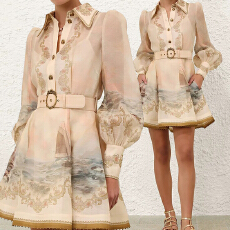 批发新款2026度假成衣丝麻海洋图案迷你<b class='q'>连衣裙</b>