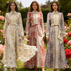 批发新款印花排扣长款<b class='q'>连衣裙</b>长裙