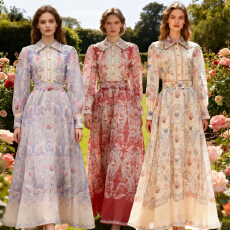 新款佩斯利新款印花工艺花样纽扣加长款大裙摆套装裙33色