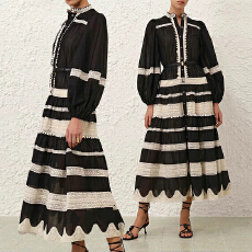 批发轻奢高定澳洲2026秋季新款蕾丝拼接灯笼袖条纹<b class='q'>连衣裙</b>