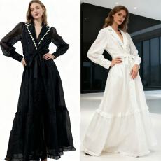 批发新款复古<b class='q'>宫廷</b>风修身长裙V领耸肩印花系带收腰<b class='q'>连衣裙</b>长袖A字裙5 色