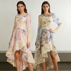 批发实拍新款春<b class='q'>夏</b>度假不规则荷叶边印花灯笼袖裹身中长款连衣裙2 色