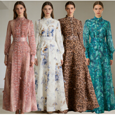 批发新款复古风印花长袖修身上衣收腰显瘦系带气质半身裙套装4 色