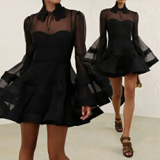 批发2026度假成衣新款桑蚕丝灯笼廓形迷你连衣裙2 色