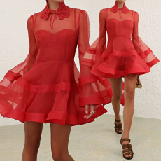 批发2026度假成衣新款桑蚕丝灯笼廓形迷你连衣裙2 色