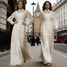 批发新款佩斯利新款印花工艺花样纽扣加长款大裙摆套装裙39色