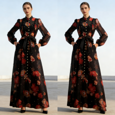 批发实拍奢华 43色钉钻系带超修身大摆型丝麻长款<b class='q'>连衣裙</b>配吊带