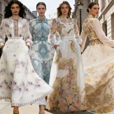 批发新款佩斯利新款印花工艺花样纽扣加长款大裙摆套装裙39色