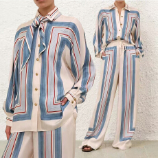批发2026度假成衣新款真丝<b class='q'>宽松</b>版型领部系带衬衫长<b class='q'>裤</b>套<b class='q'>装</b>